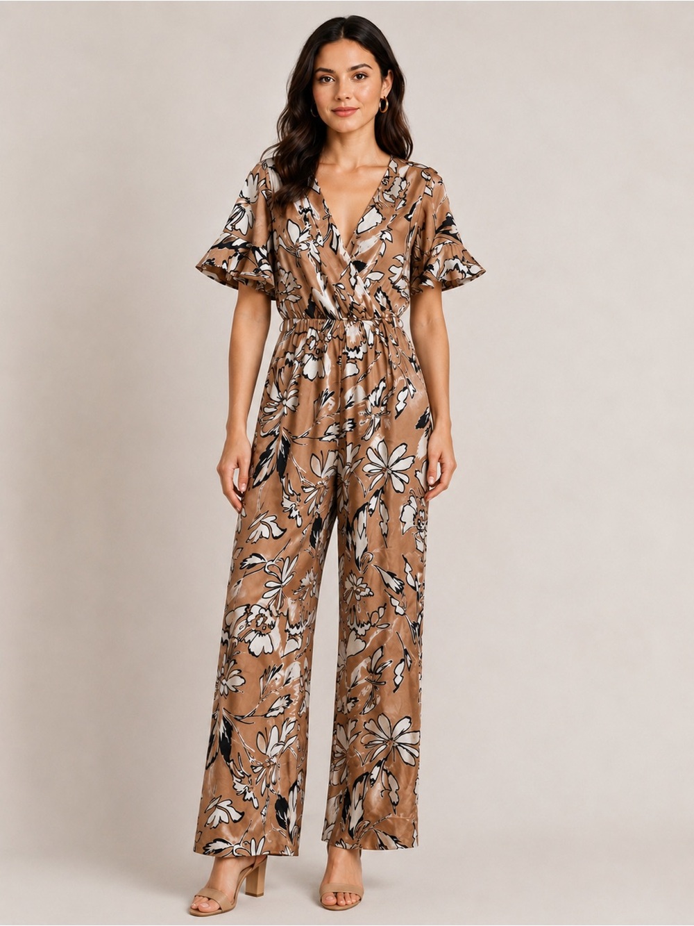 Luxology Floral Wide Leg Jumpsuit Size Small Tan Black White